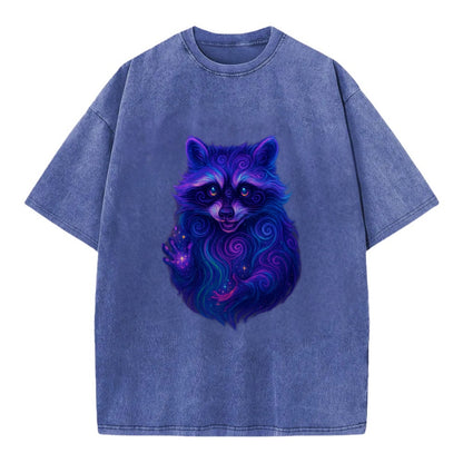 Playful raccoon with mask swirling in hypnotic patterns, neon purple and green - Vintage T-shirt - Blue