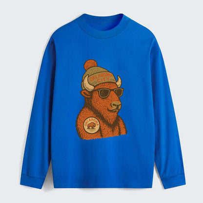 Oklahoma Buffalo wearing Oklahoma City beanie with pom pom and wayfarer - Classic Long Sleeve Shirt - Blue