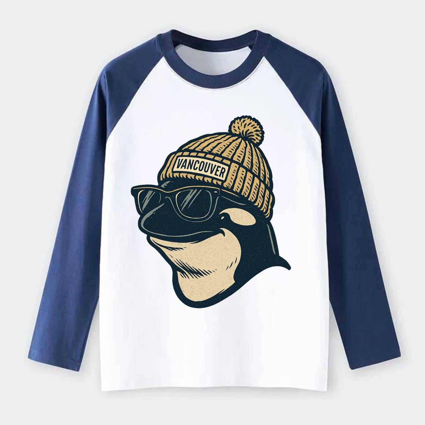 Vancouver Orca wearing Vancouver beanie - Raglan Long Sleeve T-Shirt - Blue