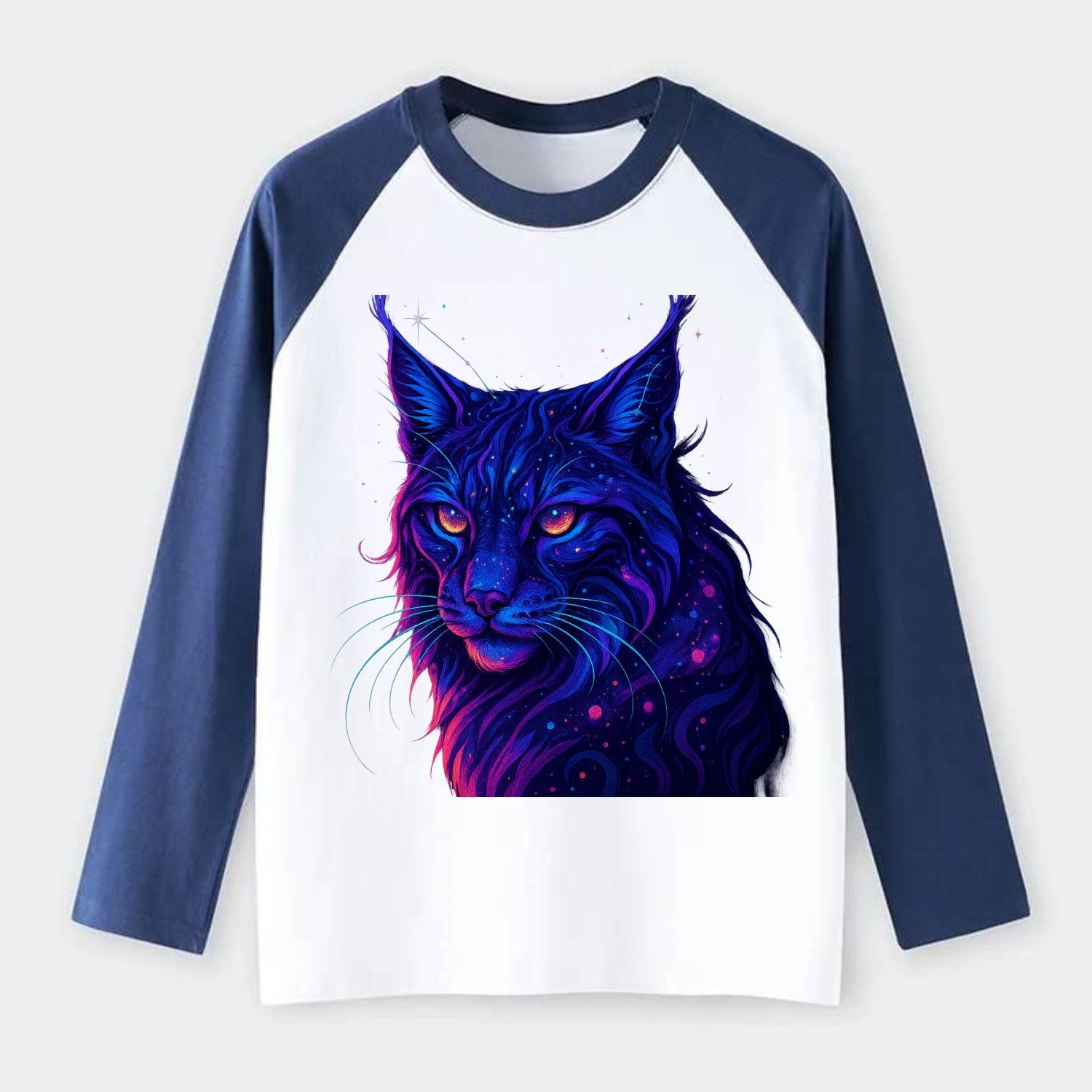 Stealthy lynx with ear tufts forming constellation patterns, nebula - Raglan Long Sleeve T-Shirt - Blue