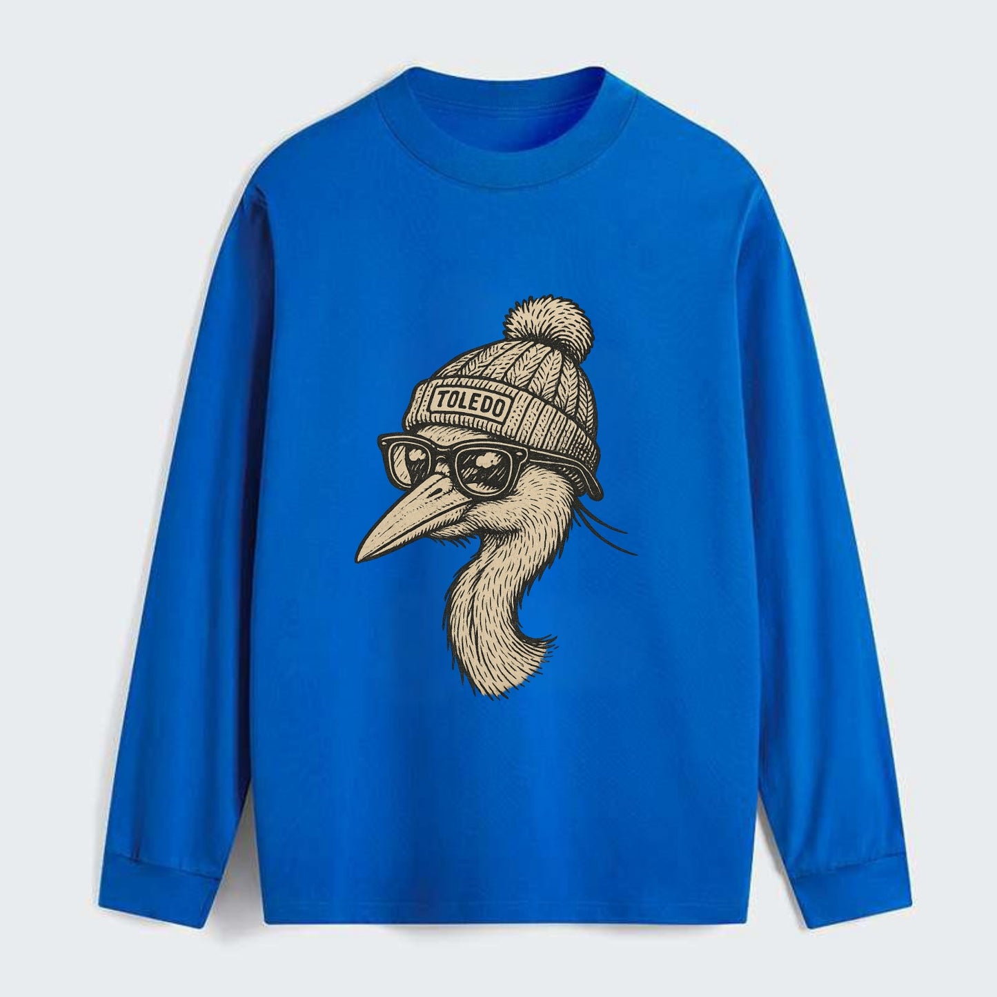 Toledo Great Blue Heron wearing Toledo beanie with pom pom and wayfarer - Classic Long Sleeve Shirt - Blue