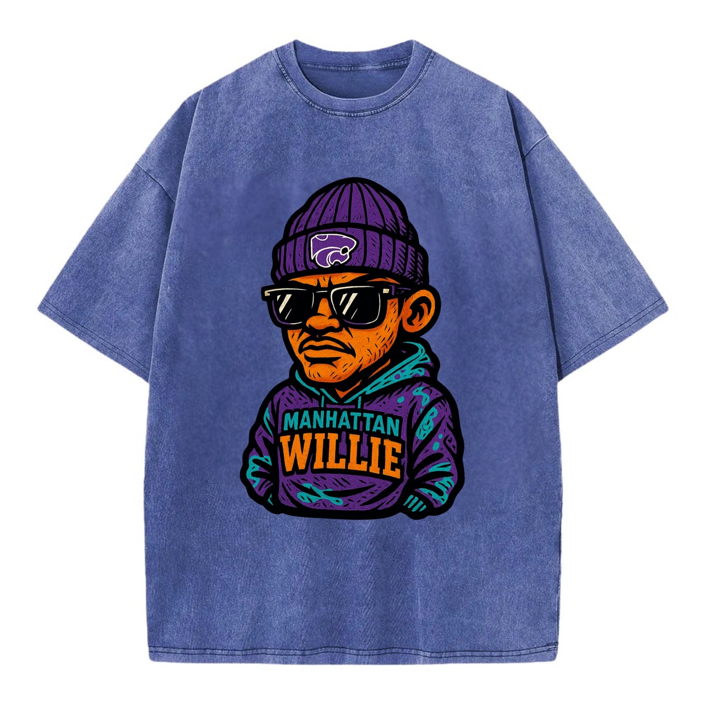 Manhattan Willie wearing Kansas State beanie with powercat patch - Vintage T-shirt - Blue
