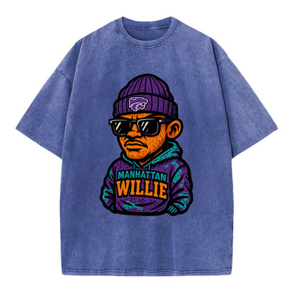 Manhattan Willie wearing Kansas State beanie with powercat patch - Vintage T-shirt - Blue