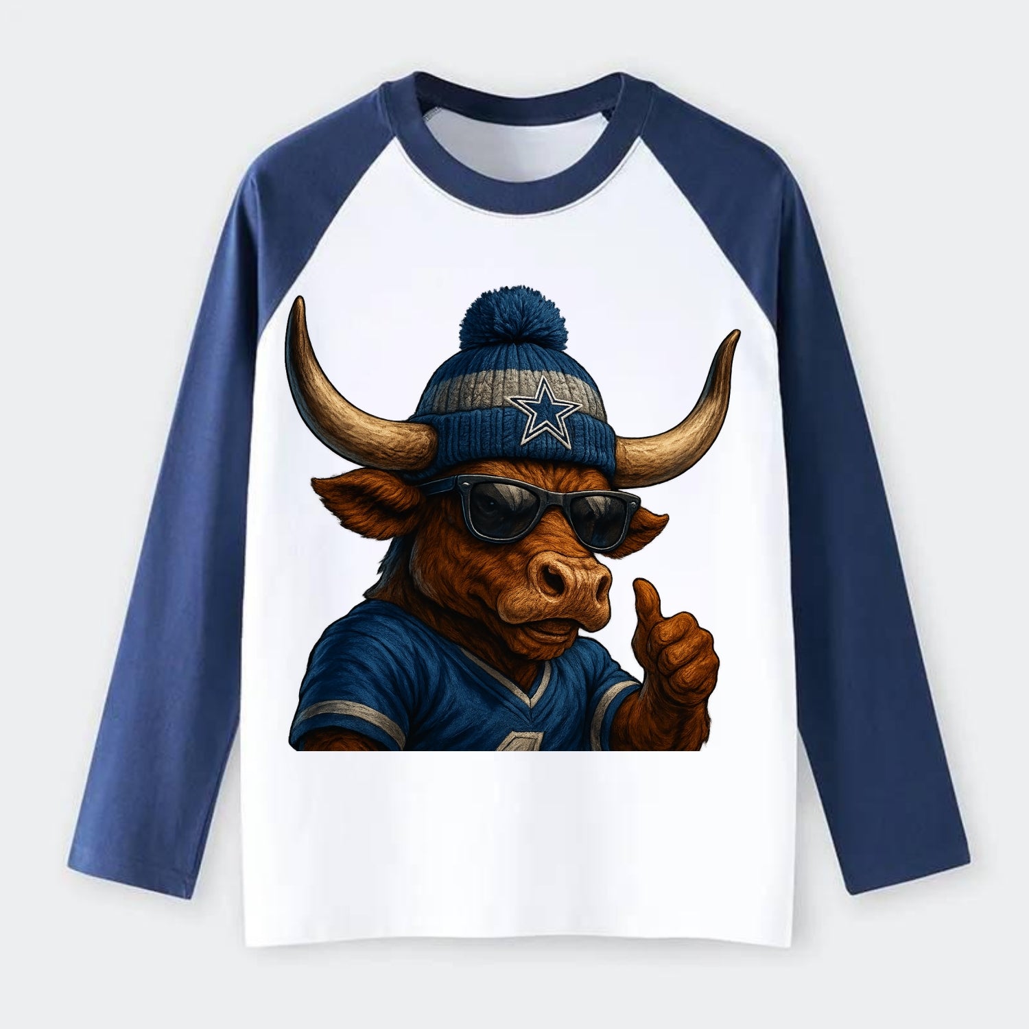 Texas Longhorn wearing Cowboys silver and blue beanie with star and - Raglan Long Sleeve T-Shirt - Blue