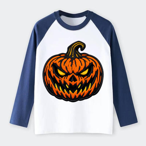 HALLOWEEN PUMPKIN - jack o lantern in orange and black , spooky - Raglan Long Sleeve T-Shirt