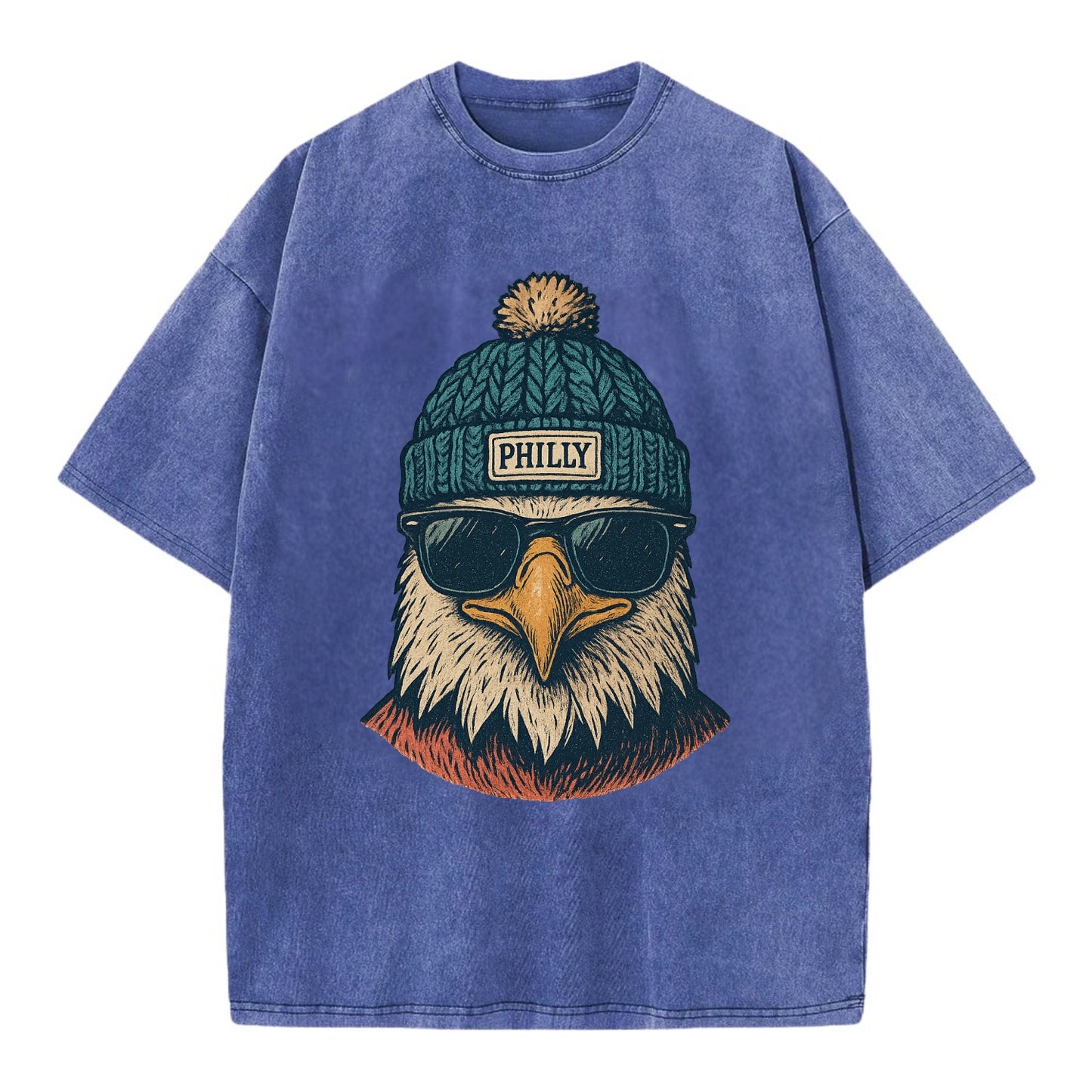 Philadelphia Eagle wearing Philly beanie with pom pom and wayfarer sunglasses - Vintage T-shirt - Blue