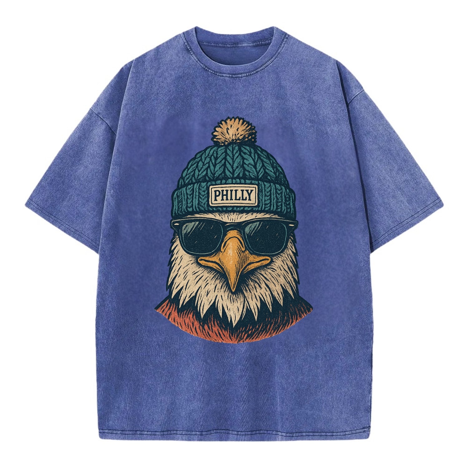 Philadelphia Eagle wearing Philly beanie with pom pom and wayfarer sunglasses - Vintage T-shirt - Blue