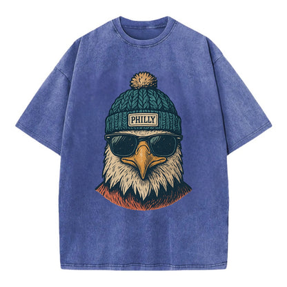 Philadelphia Eagle wearing Philly beanie with pom pom and wayfarer sunglasses - Vintage T-shirt - Blue