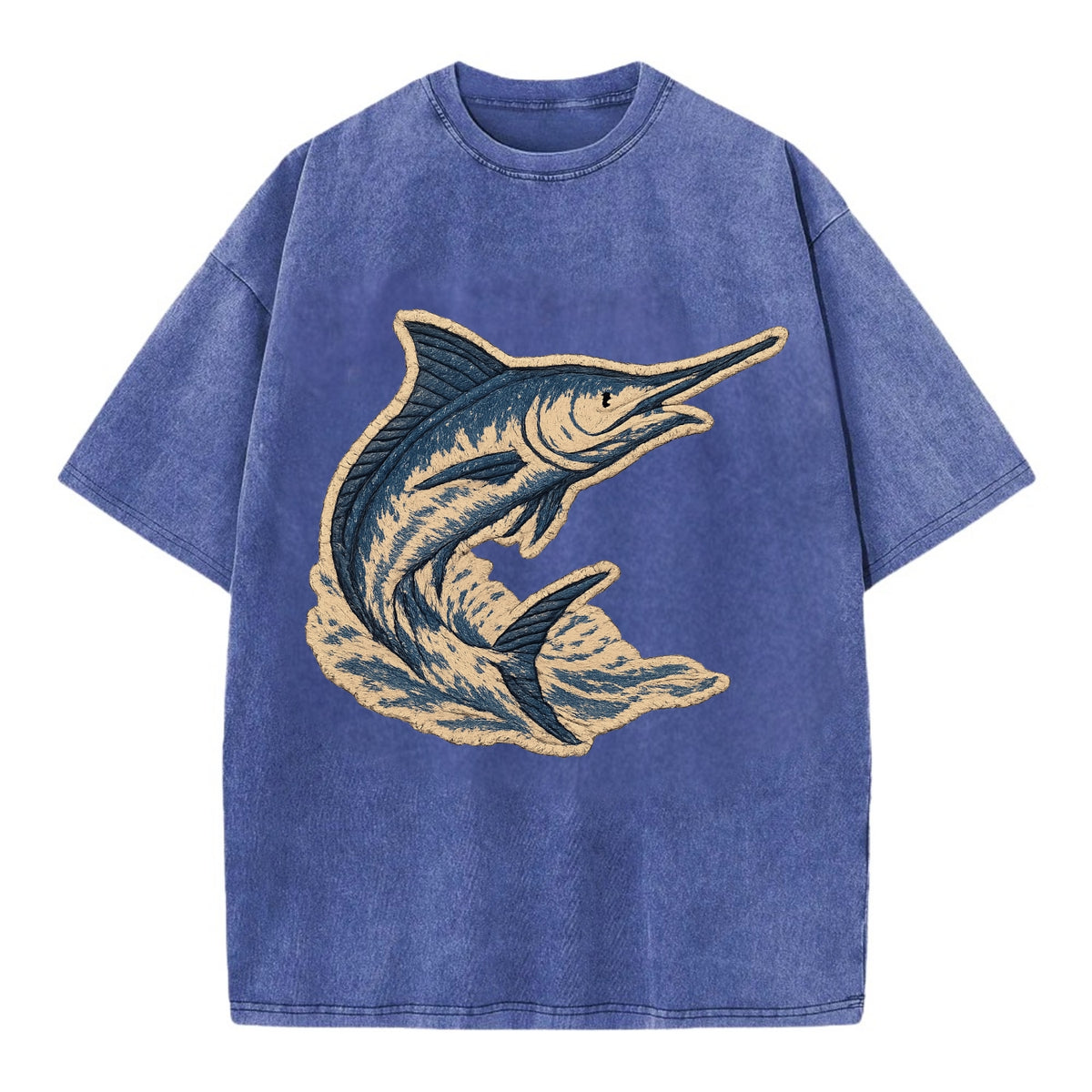 SWORDFISH MARLIN - leaping marlin in blue and silver , sport fishing - Vintage T-shirt - Blue