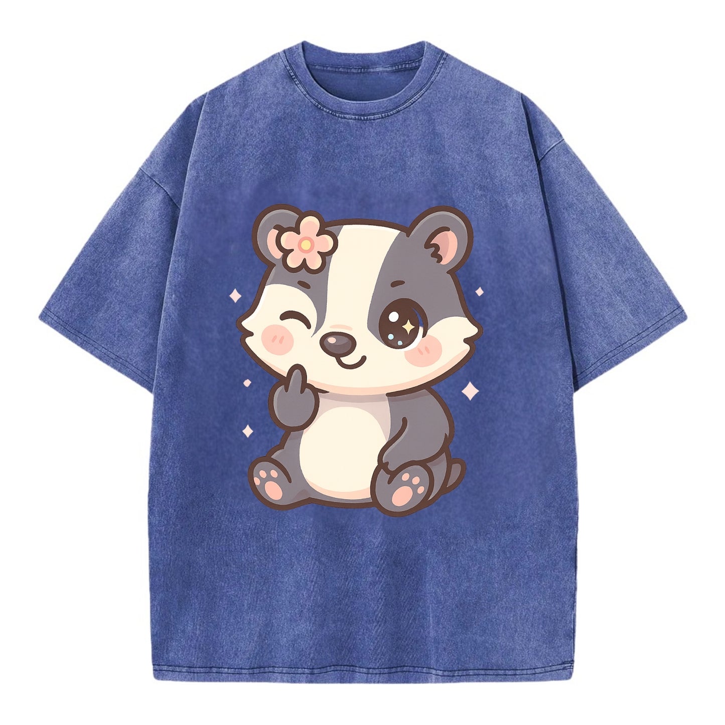 adorable badger with black and white stripes, one paw giving finger - Vintage T-shirt - Blue