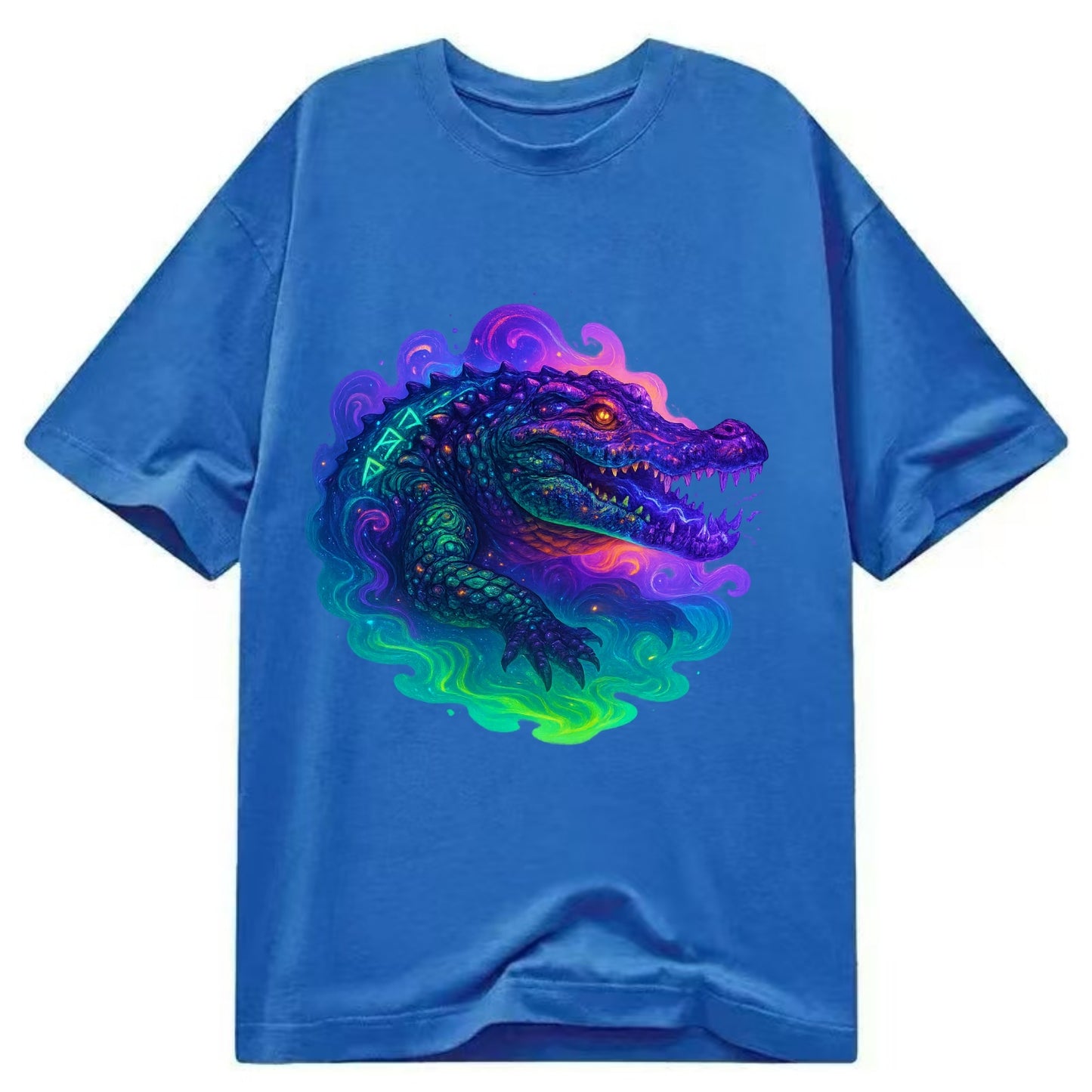 Primordial crocodile with scales pulsing plasma energy in green and purple, - Classic T-shirt - Blue