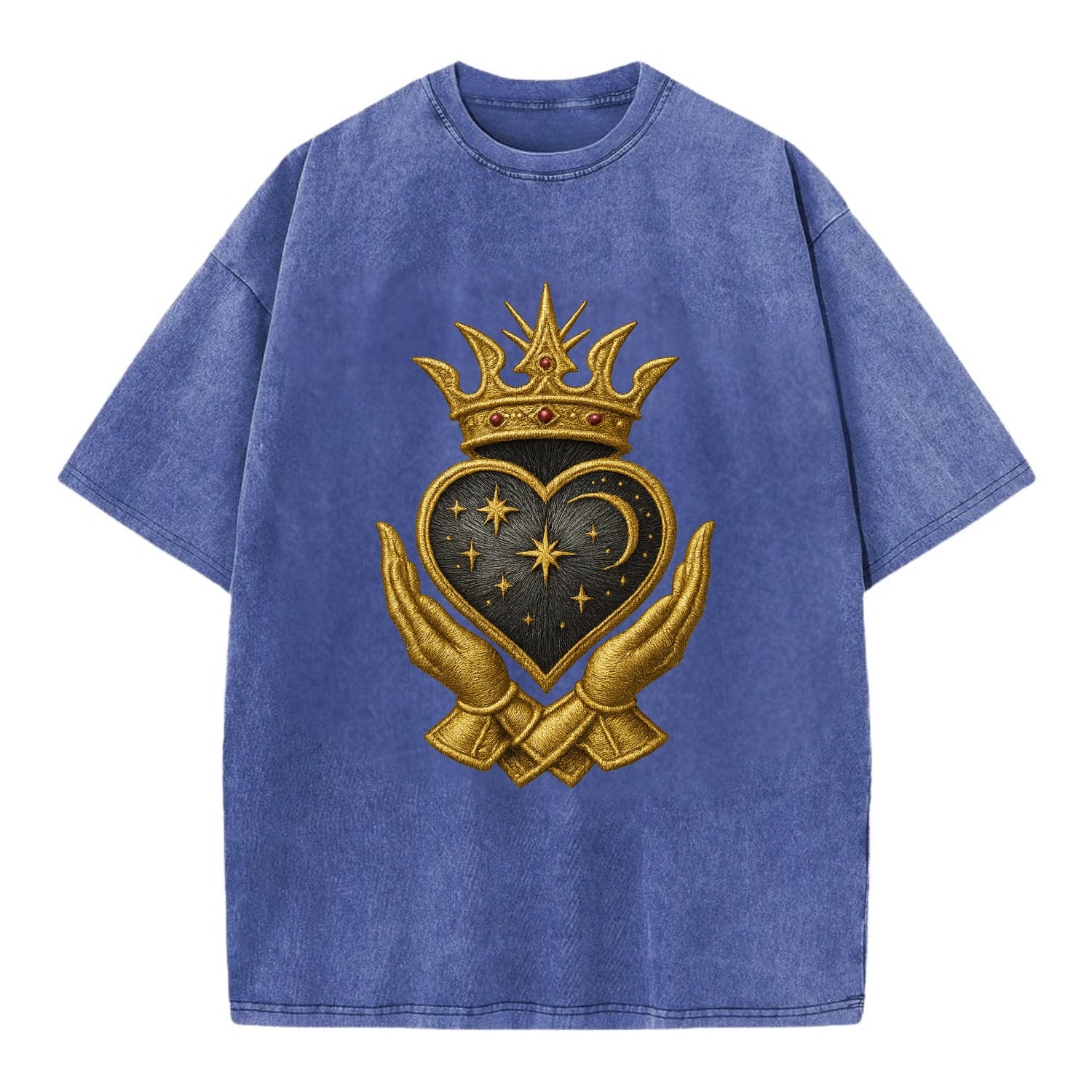 Hammered bronze warrior crown anchoring a dark steel heart with shield-bearing - Vintage T-shirt - Blue