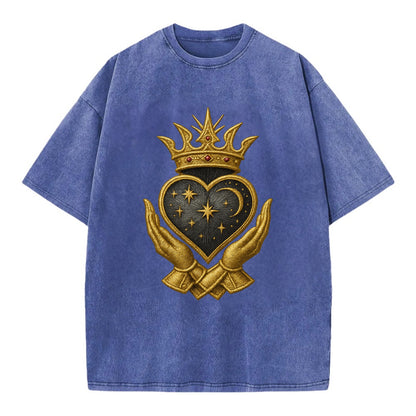 Hammered bronze warrior crown anchoring a dark steel heart with shield-bearing - Vintage T-shirt - Blue