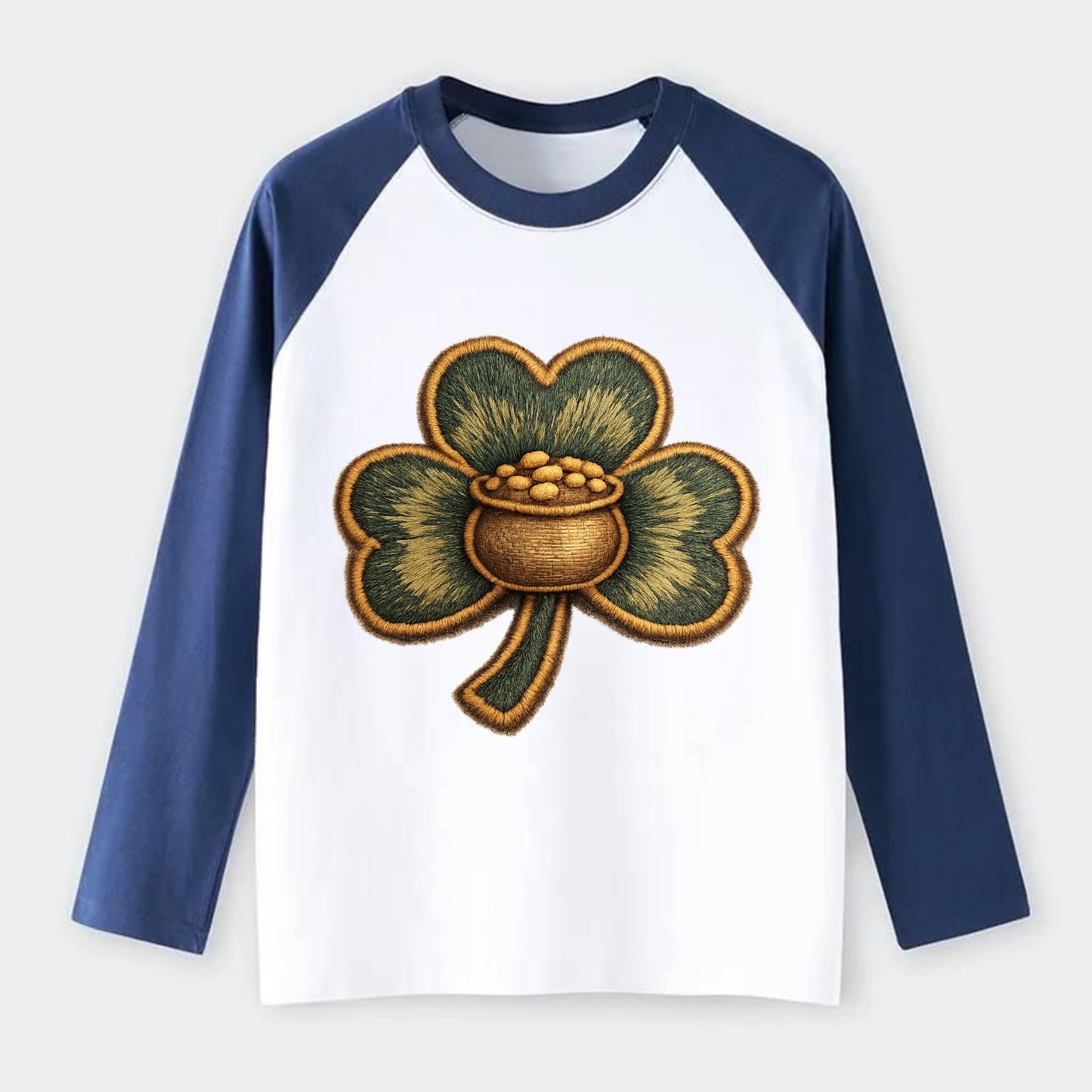 ST PATRICKS CLOVER - lucky clover with gold in green and gold , Irish - Raglan Long Sleeve T-Shirt - Blue