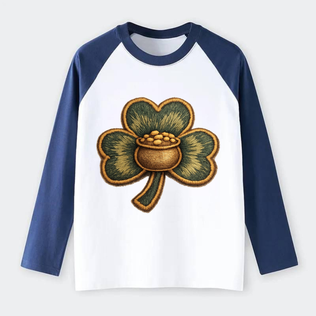 ST PATRICKS CLOVER - lucky clover with gold in green and gold , Irish - Raglan Long Sleeve T-Shirt - Blue