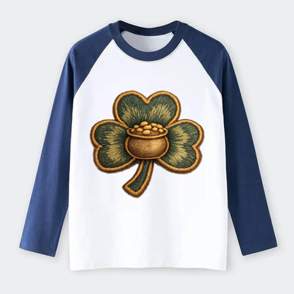 ST PATRICKS CLOVER - lucky clover with gold in green and gold , Irish - Raglan Long Sleeve T-Shirt - Blue