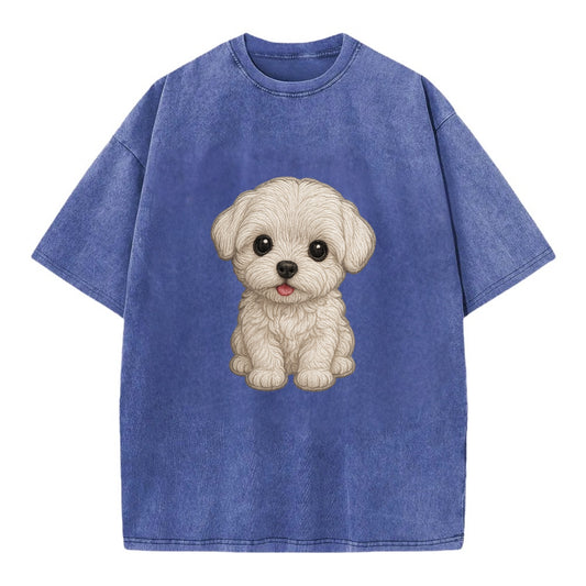 Baby Maltese Puppy - pure white silky coat, black button eyes, tiny nose, - Vintage T-shirt - Blue