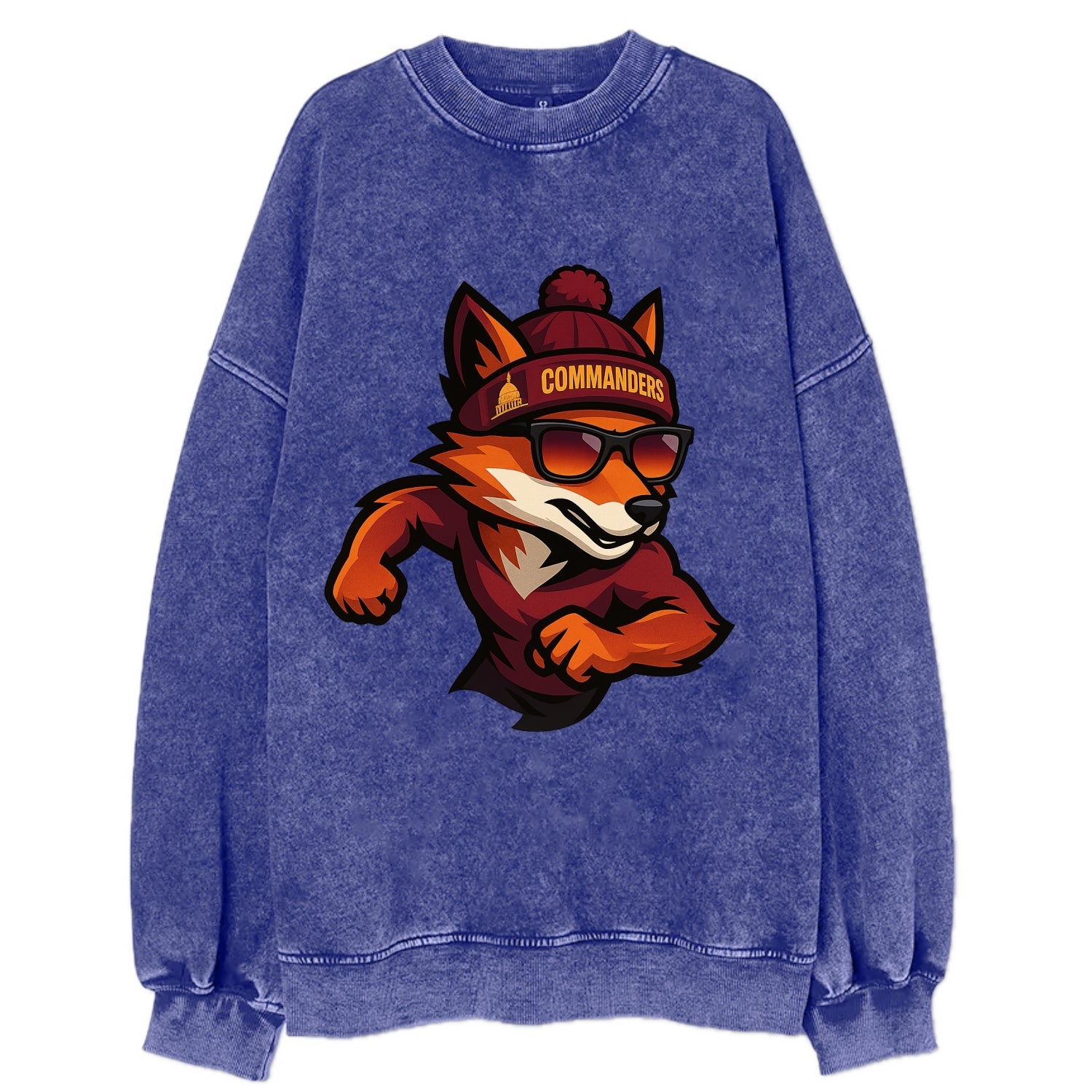 Washington Fox wearing Commanders beanie with Capitol patch and wayfarer - Vintage Sweatshirt - Blue