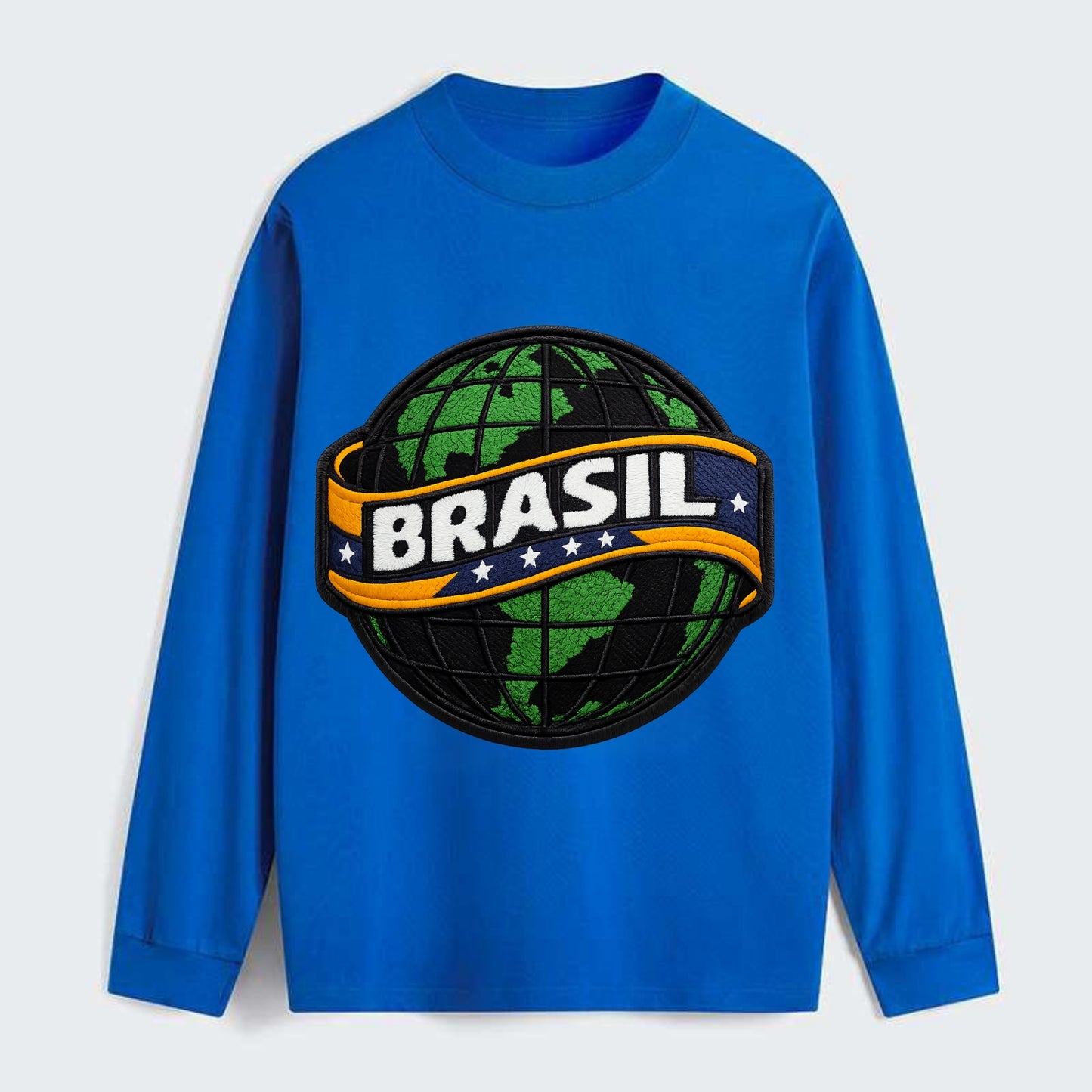 BRAZILIAN FLAG GLOBE - green globe with banner in green yellow blue , - Classic Long Sleeve Shirt - Blue