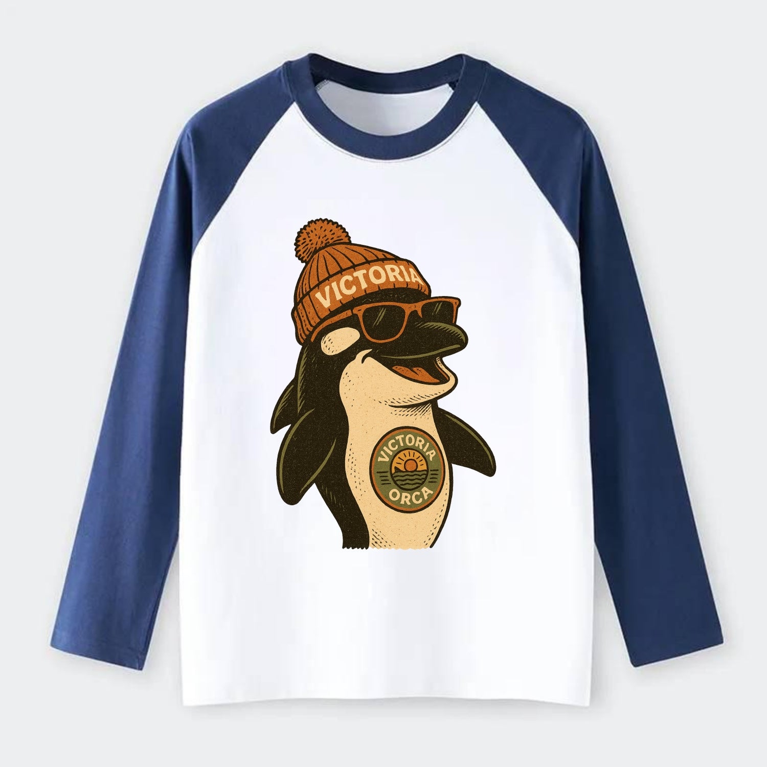 Victoria Orca wearing Victoria beanie wi - Raglan Long Sleeve T-Shirt - Blue