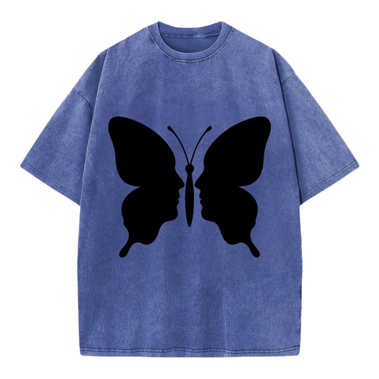 Butterfly wings - negative space reveals hidden faces or patterns - Vintage T-shirt - Blue