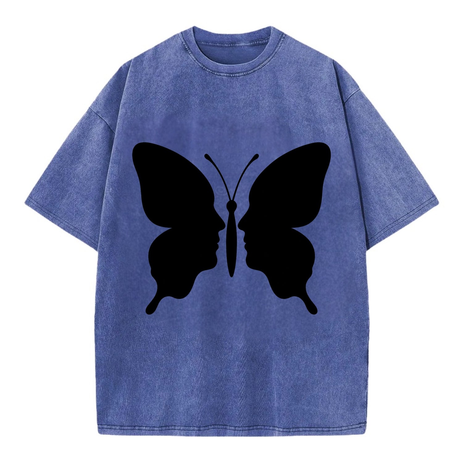 Butterfly wings - negative space reveals hidden faces or patterns - Vintage T-shirt - Blue