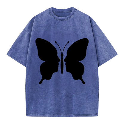 Butterfly wings - negative space reveals hidden faces or patterns - Vintage T-shirt - Blue