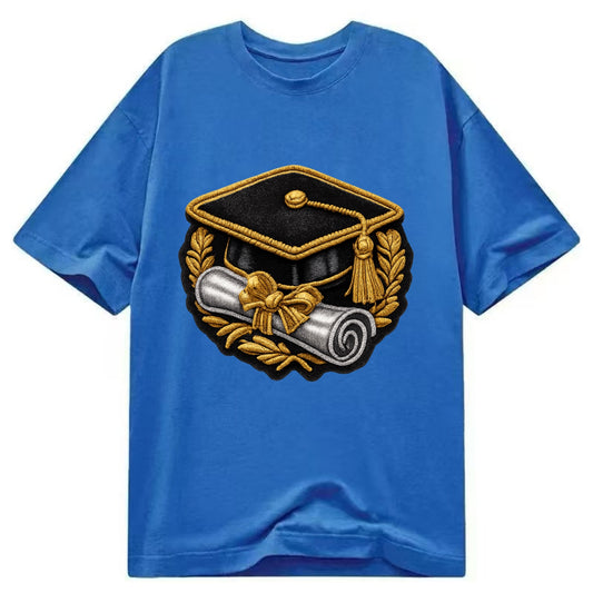 GRADUATION CAP - mortarboard with diploma in black and gold , achievement - Classic T-shirt - Blue