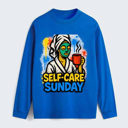 Person in bathrobe with face mask and tea - self-care Sunday ritual, - Classic Long Sleeve Shirt - Blue