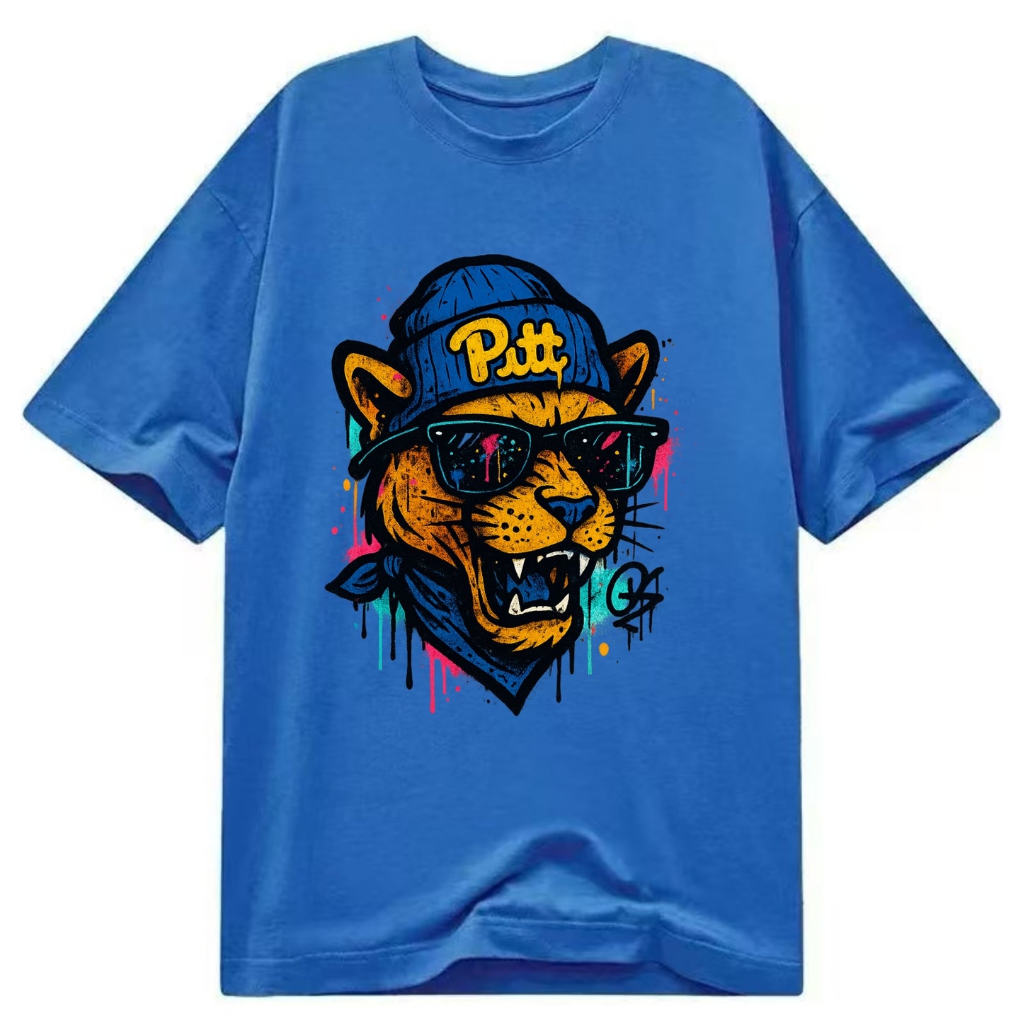 Pittsburgh Panther wearing Pitt beanie with script patch - Classic T-shirt - Blue