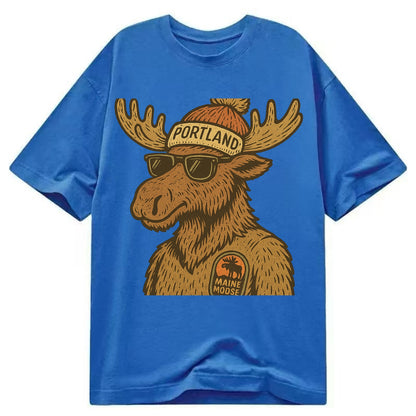 Maine Moose wearing Portland beanie with pom pom and wayfarer sunglasses - Classic T-shirt - Blue