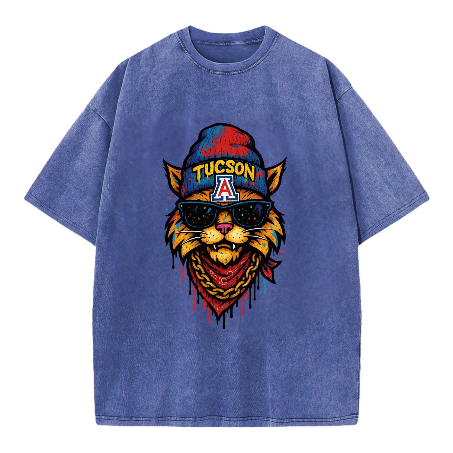 Tucson Wildcat wearing Arizona beanie with A patch - Vintage T-shirt - Blue