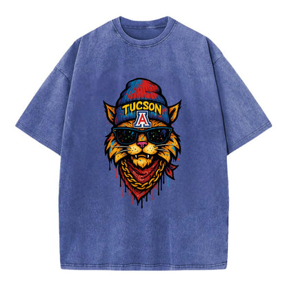 Tucson Wildcat wearing Arizona beanie with A patch - Vintage T-shirt - Blue