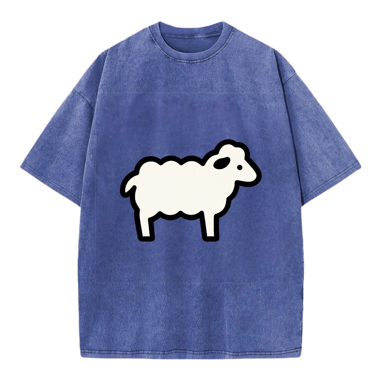 Sheep - White fluffy wool flat side profile - Vintage T-shirt - Blue