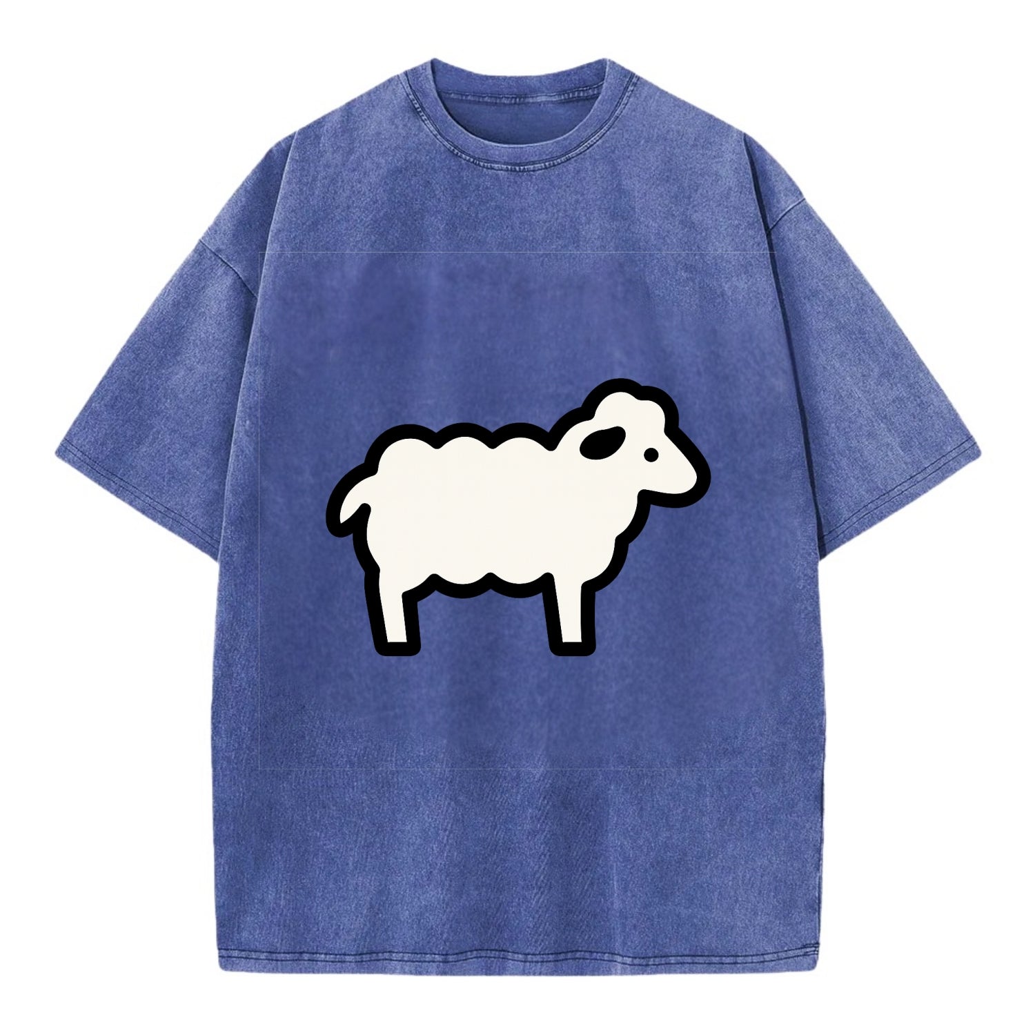 Sheep - White fluffy wool flat side profile - Vintage T-shirt - Blue