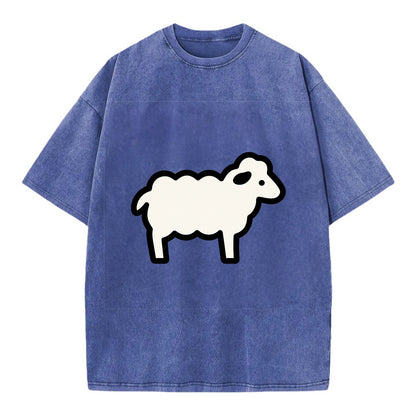 Sheep - White fluffy wool flat side profile - Vintage T-shirt - Blue