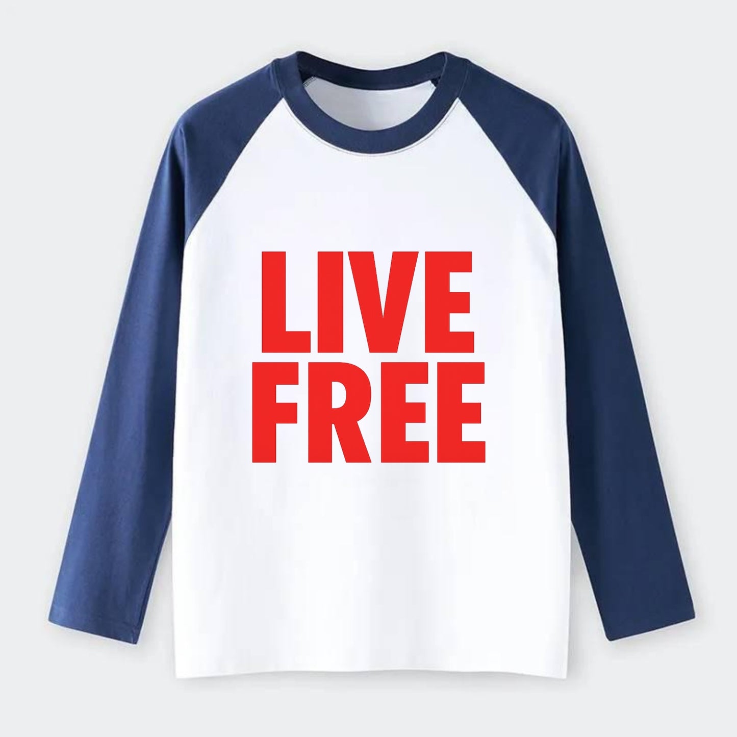 Bold typography design - "LIVE FREE" - unrestricted living - Raglan Long Sleeve T-Shirt - Blue