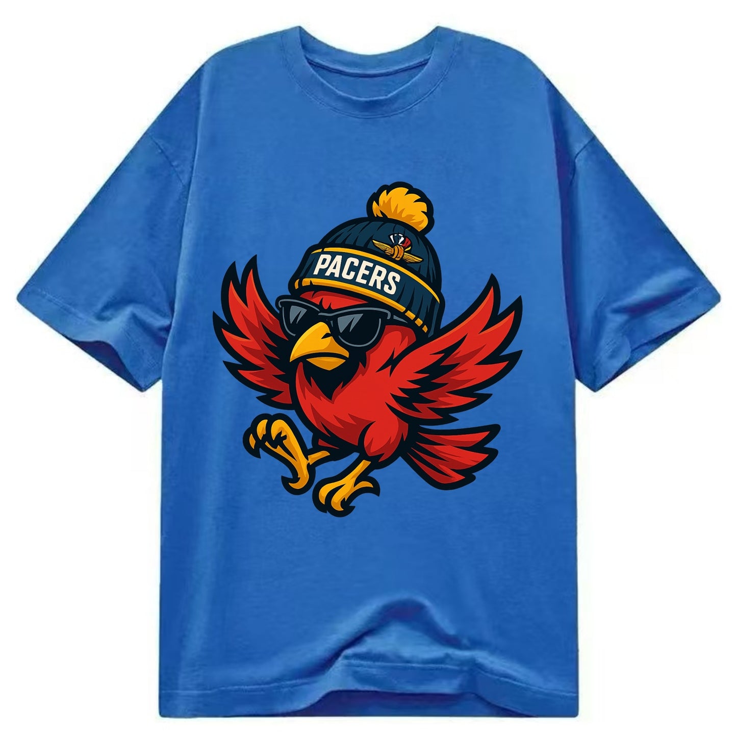 Indiana Cardinal wearing Pacers beanie with speedway patch and wayfarer sunglasses - Classic T-shirt - Blue
