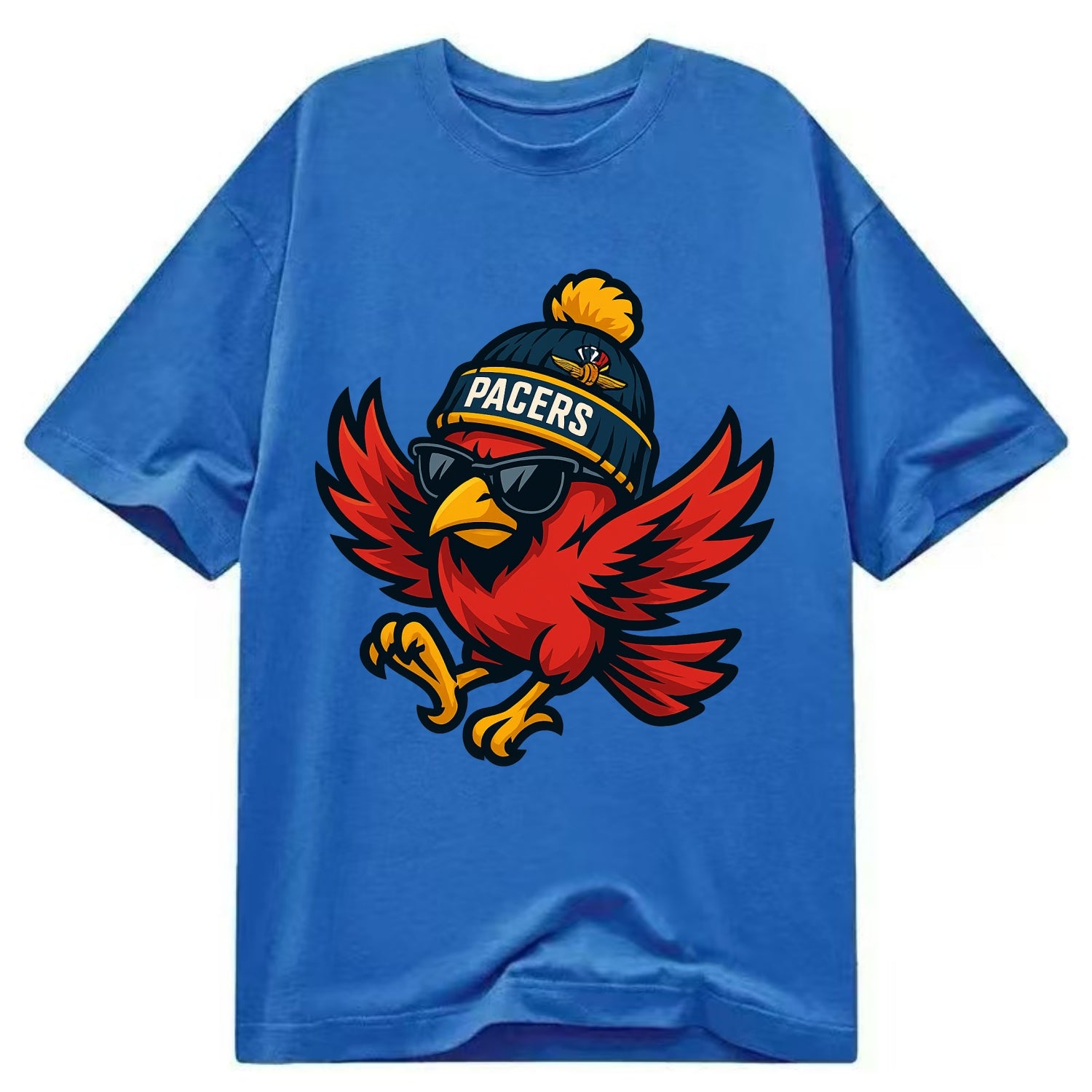Indiana Cardinal wearing Pacers beanie with speedway patch and wayfarer sunglasses - Classic T-shirt - Blue
