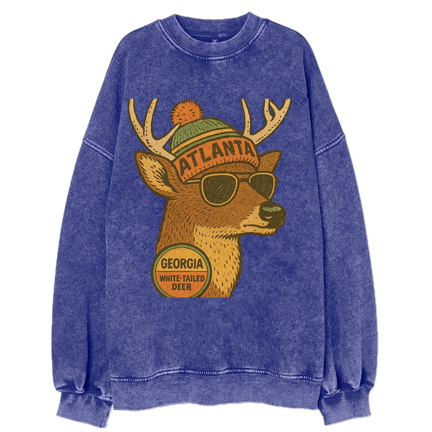 Georgia White-tailed Deer wearing Atlanta beanie with pom pom and wayfarer - Vintage Sweatshirt - Blue