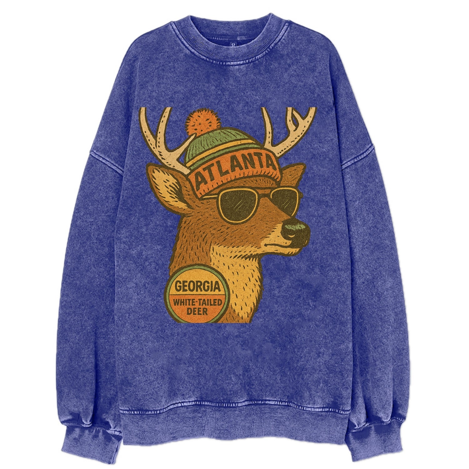 Georgia White-tailed Deer wearing Atlanta beanie with pom pom and wayfarer - Vintage Sweatshirt - Blue