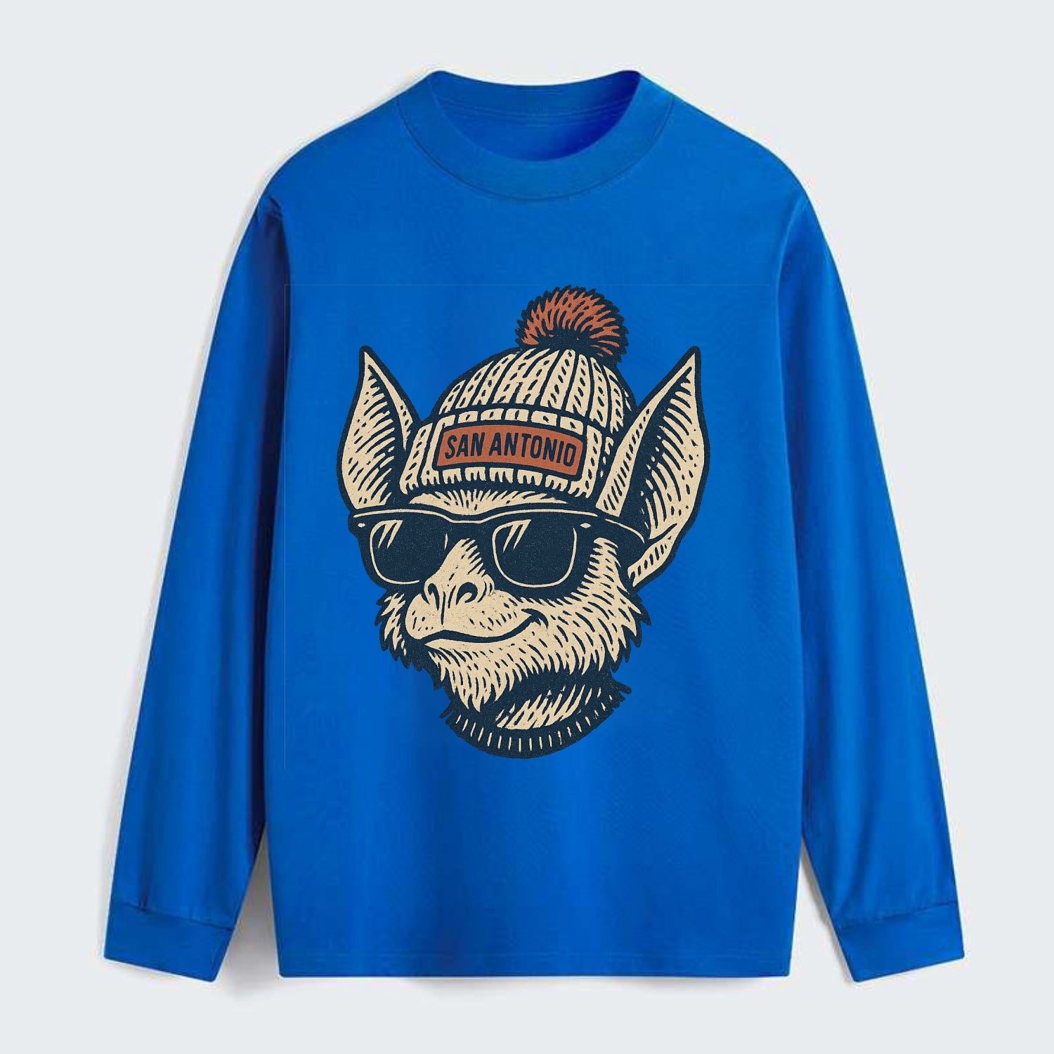 San Antonio Bat wearing San Antonio beanie with pom pom and wayfarer - Classic Long Sleeve Shirt - Blue