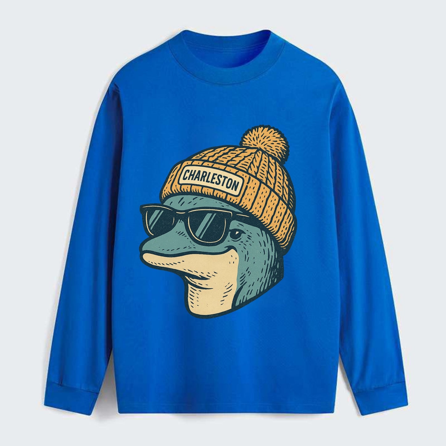 Charleston Dolphin wearing Charleston beanie with pom pom and wayfarer - Classic Long Sleeve Shirt - Blue