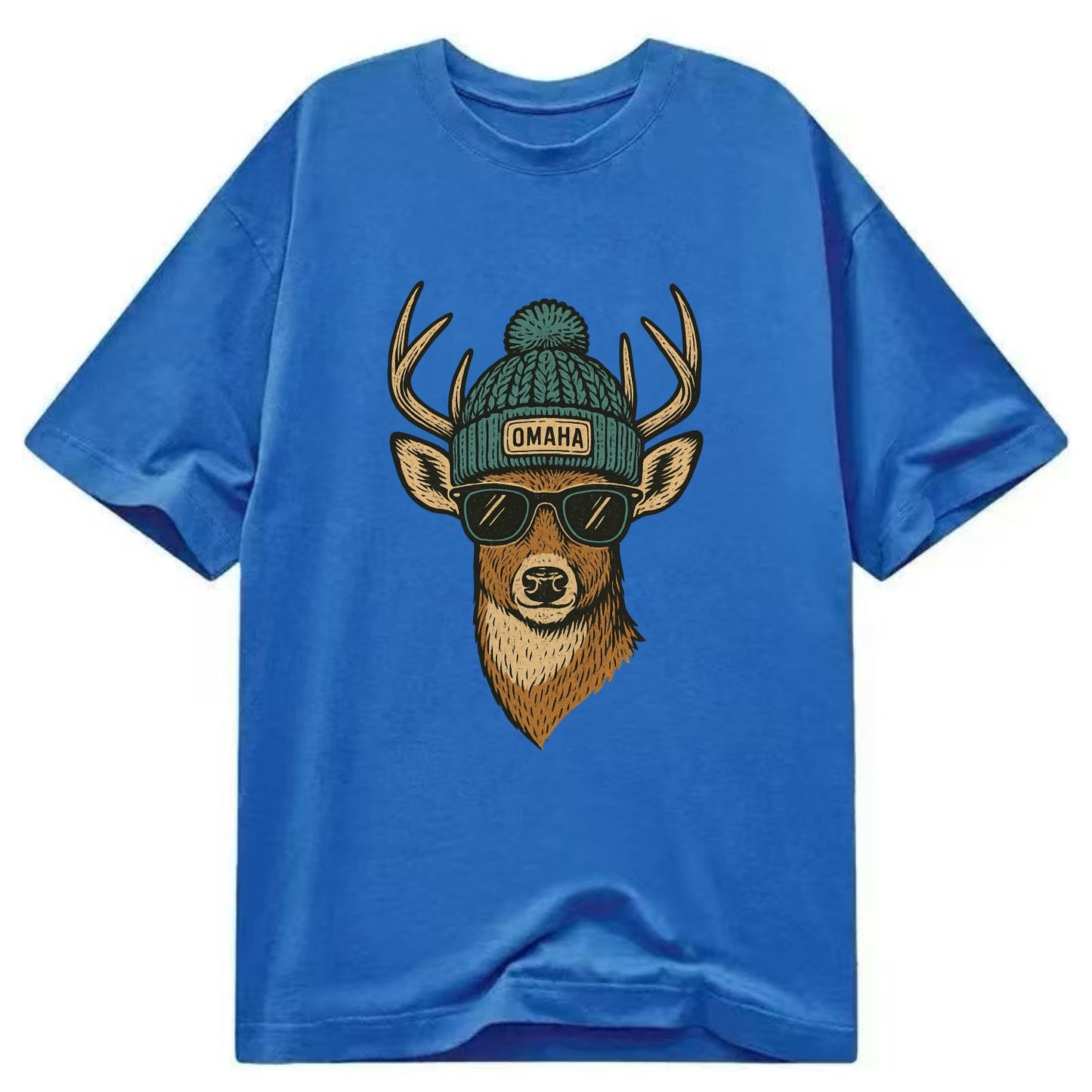 Nebraska White-tailed Deer wearing Omaha beanie with pom pom and wayfarer - Classic T-shirt - Blue