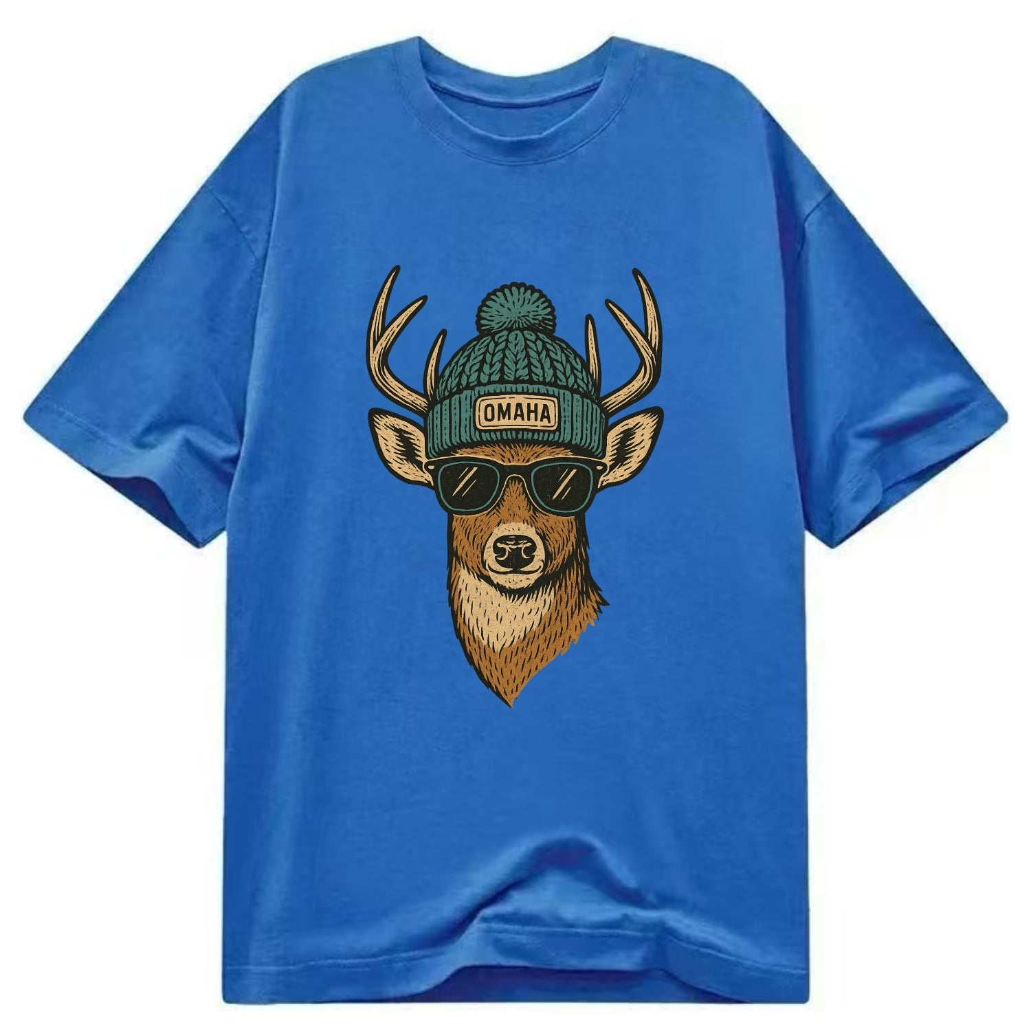 Nebraska White-tailed Deer wearing Omaha beanie with pom pom and wayfarer - Classic T-shirt - Blue