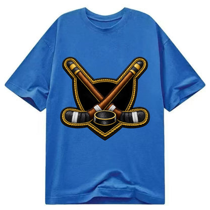 Embroidered patch design - HOCKEY CROSSED STICKS - ice hockey sticks with puck in - Classic T-shirt - Blue