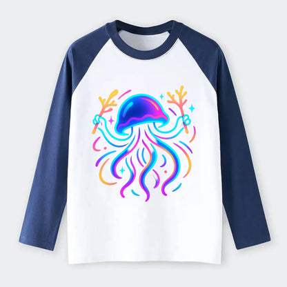 Jellyfish conducting a glow orchestra using coral batons in deep ocean - Raglan Long Sleeve T-Shirt - Blue