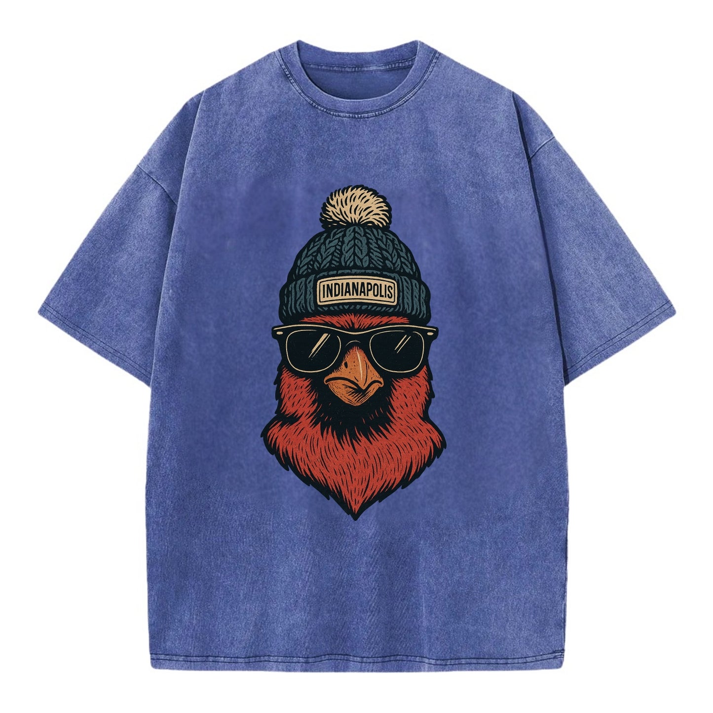 Indiana Cardinal wearing Indianapolis beanie with pom pom and wayfarer sunglasses - Vintage T-shirt - Blue