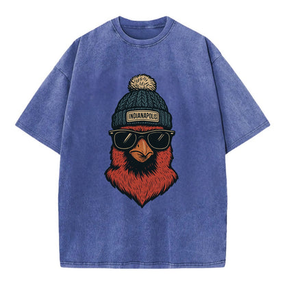 Indiana Cardinal wearing Indianapolis beanie with pom pom and wayfarer sunglasses - Vintage T-shirt - Blue
