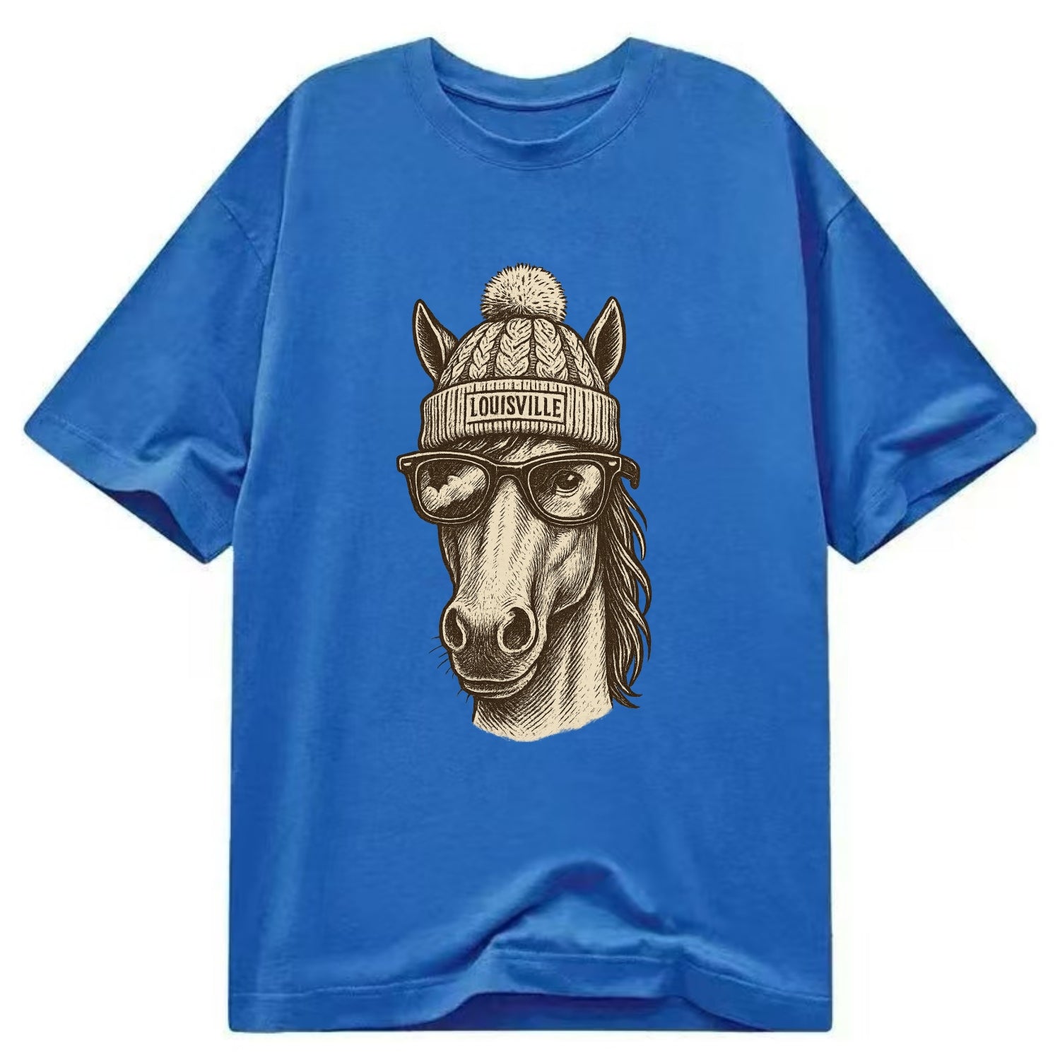 Kentucky Thoroughbred Horse wearing Louisville beanie with pom pom and wayfarer - Classic T-shirt - Blue